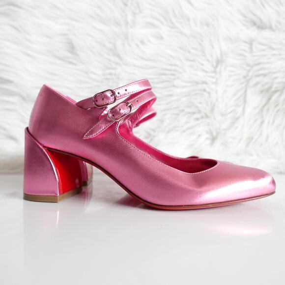 Christian Louboutin Miss Jane 55 Mary Jane Metallic Pink Leather Low Heels 36.5 - Picture 2 of 16